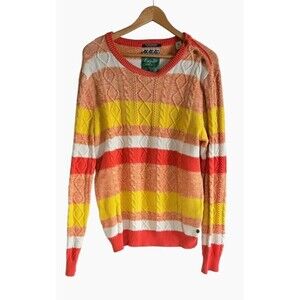 Scoth & Soda Men Jumper Sweater Orange Striped Cable-Knit Crew Neck Cotton Large